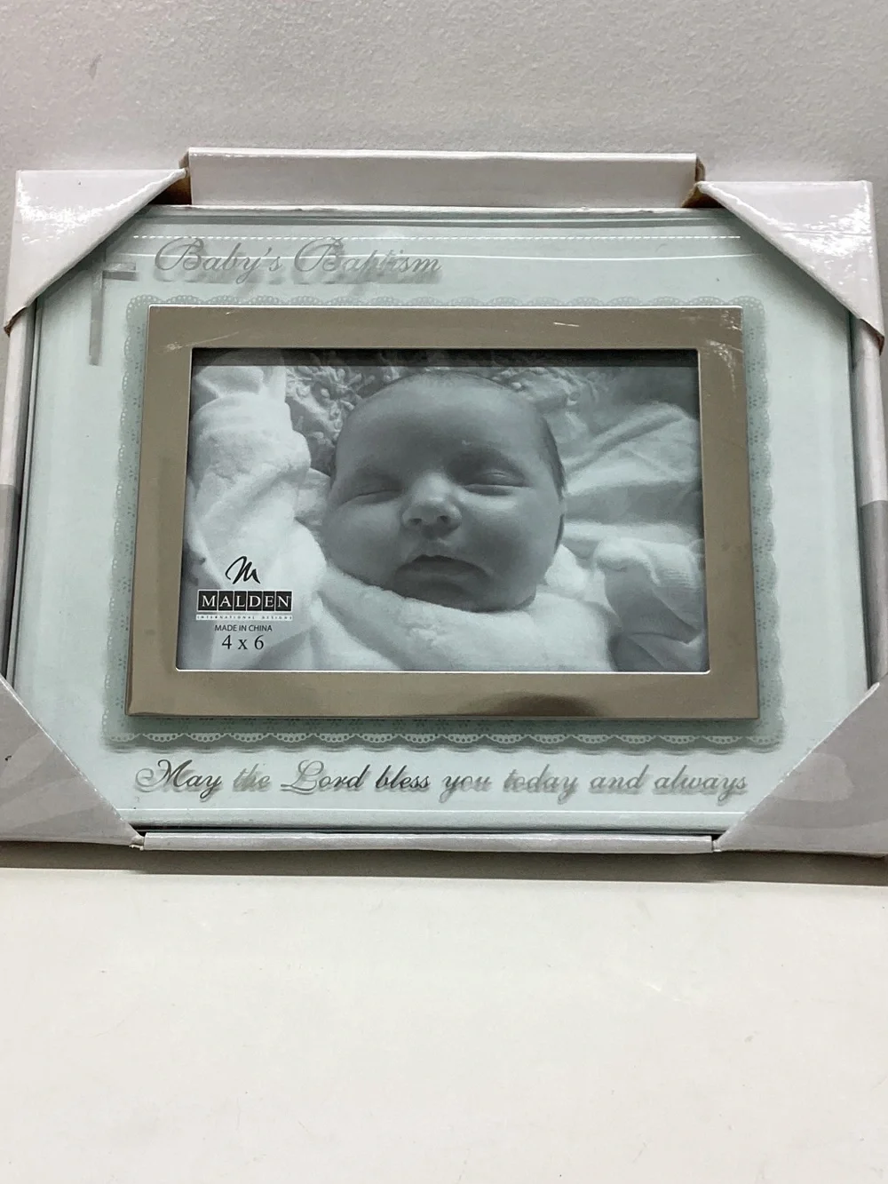 NIB Malden Clear and Silver Baby Baptism Glass Picture Frame